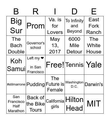 Bride Bingo Card