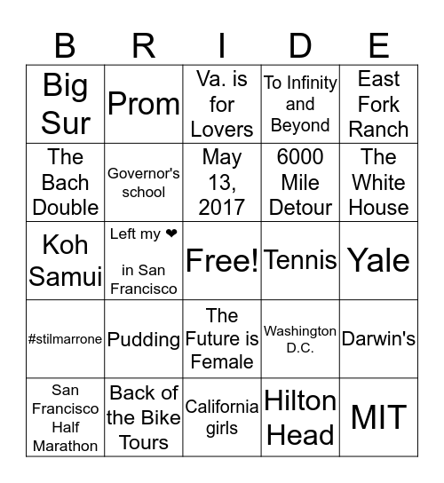 Bride Bingo Card