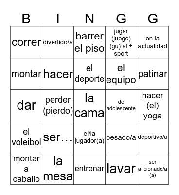 VOCABULARIO EL TIEMPO LIBRE Bingo Card