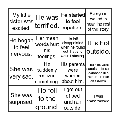 Show vs Tell Bingo Card