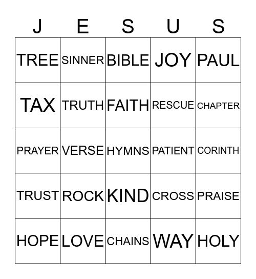 Vacation Bible School  Bingo Card