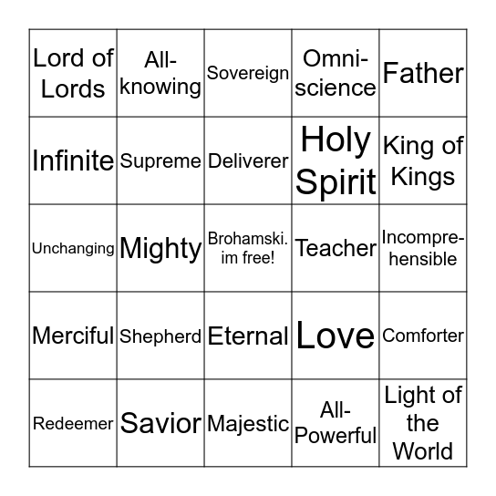 "Names for God" Bingo Card