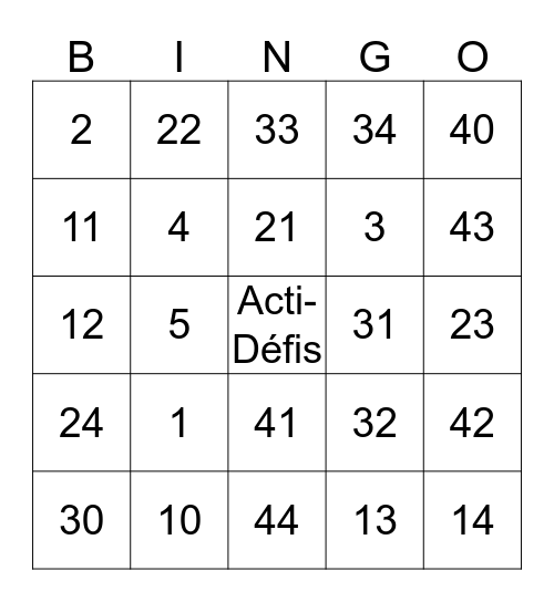 Acti-Défis Bingo Card