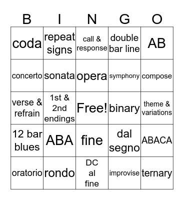 Music Form Bingo Card