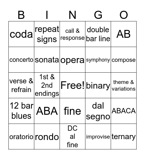 Music Form Bingo Card