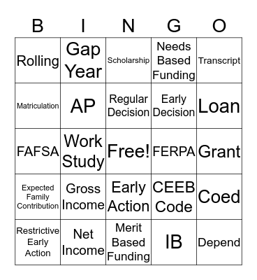 FAFSA & Common App Bingo Card