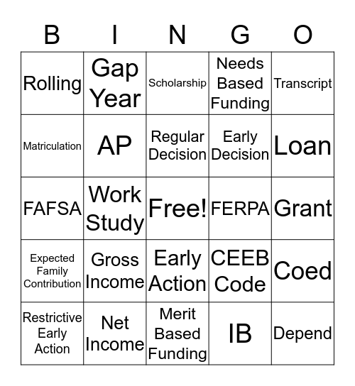 FAFSA & Common App Bingo Card