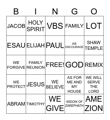 SHAW VBS Bingo Card