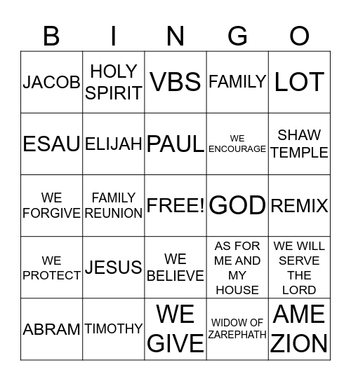 SHAW VBS Bingo Card