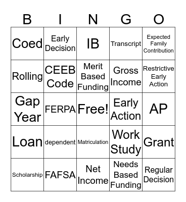 FAFSA & Common App Bingo Card