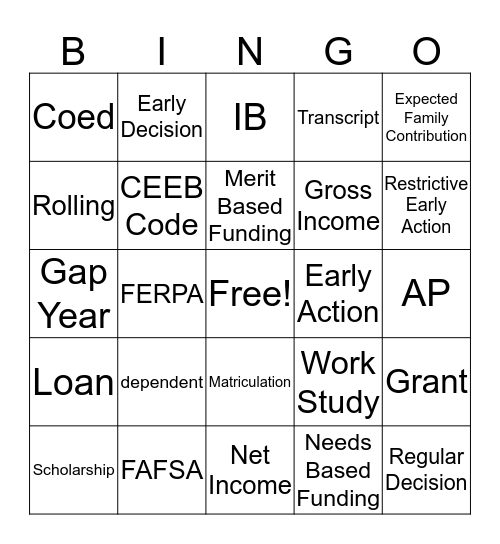 FAFSA & Common App Bingo Card