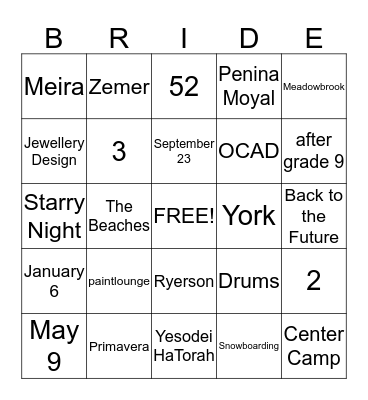 Atara's Bridal Shower Bingo Card