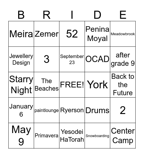 Atara's Bridal Shower Bingo Card
