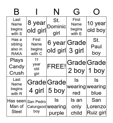 Bingo Name Game Bingo Card