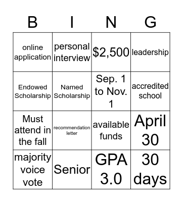 PEO STAR Scholarship Bingo Card