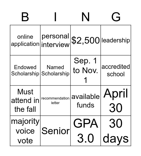 PEO STAR Scholarship Bingo Card