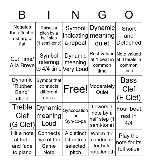Music Definition Bingo Card