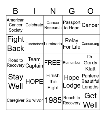 Relay For Life BINGO Card