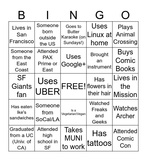 Join the Reddit Meetup Group! https://groups.google.com/group/SFredditors/ Bingo Card