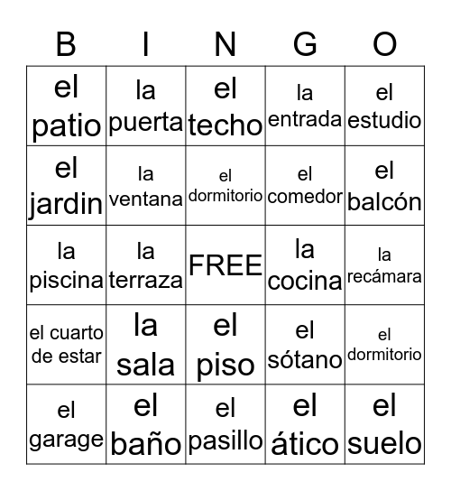 Los cuartos de la casa y más Bingo Card