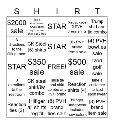 PVH Father's Day at Macys Bingo Card