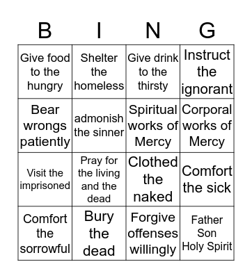 Corporal and Spiritual work of Mercy Bingo Card