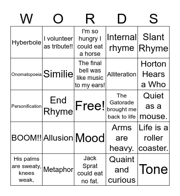 Figurative Language and Poetic Devices Bingo Card