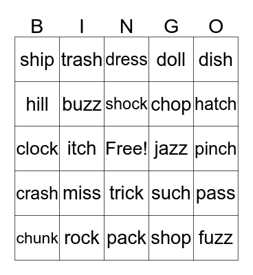 Sounds Bingo Fun ch, tch, ck, ll, ss, zz, sh Bingo Card
