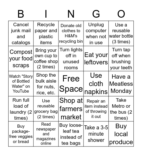 Go Green Bingo Card