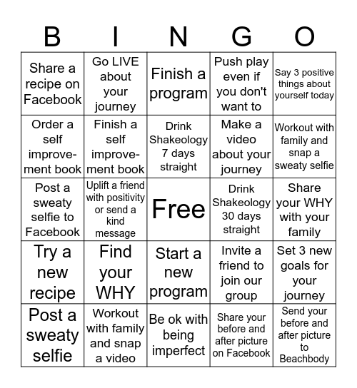 Team Free and Fit Bingo Card
