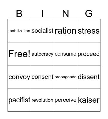 world war I Bingo Card