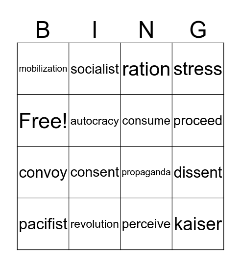 world war I Bingo Card