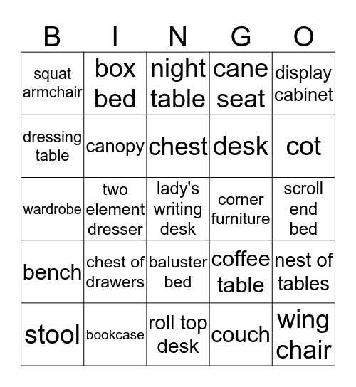 furniture Bingo Card