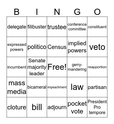 Legislative Branch Bingo Card