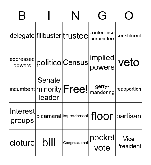 Legislative Branch 2 Bingo Card