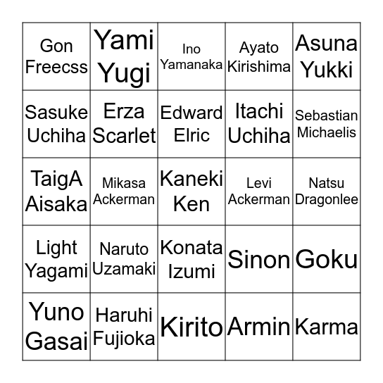 Anime Bingo Card