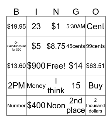 Numbers/Money Bingo Card