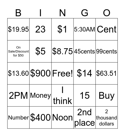 Numbers/Money Bingo Card