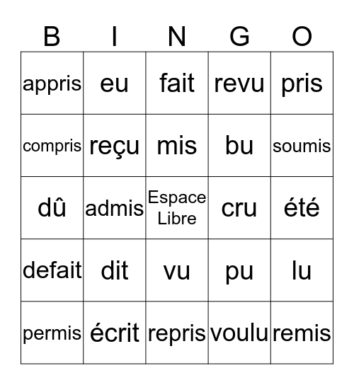 Irregular Past Participles French Bingo Card