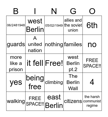 The Berlin Wall Bingo Card