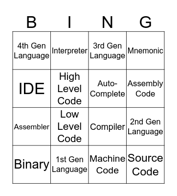 Programming Languages Bingo Card