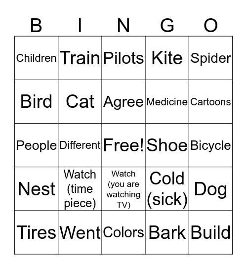 Vocabulary Bingo Card