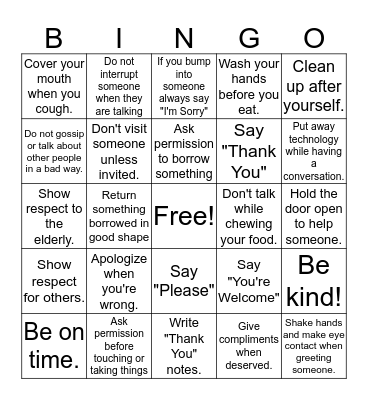 Manners Bingo Card