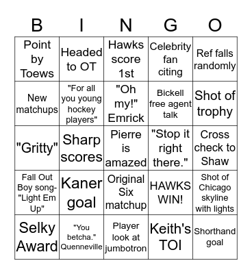 Blackhawks Stanley Cup Game 2  Bingo Card