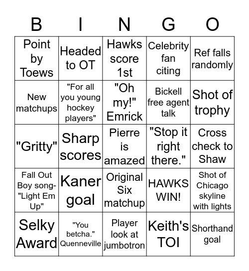 Blackhawks Stanley Cup Game 2  Bingo Card