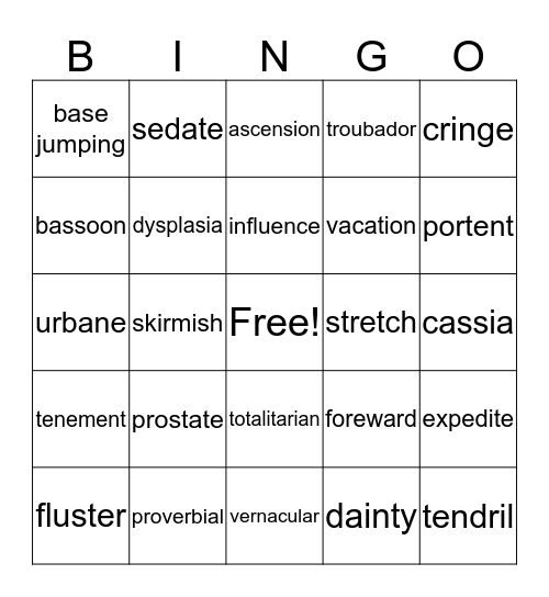 Dictionary Bingo Card