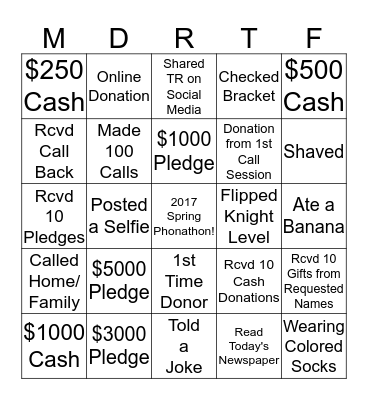2017 Spring Phonathon Bingo Card
