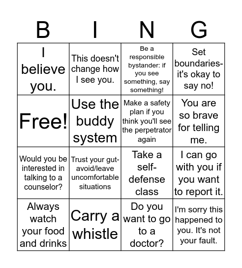 Sexual Assault Safety Strategies & Supporting Victims Bingo Card