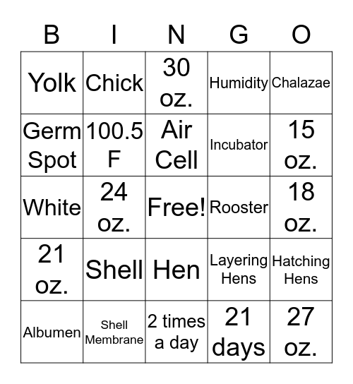 CHICKENS  Bingo Card