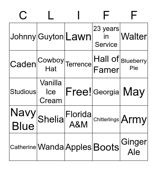 CLIFF Bingo Card